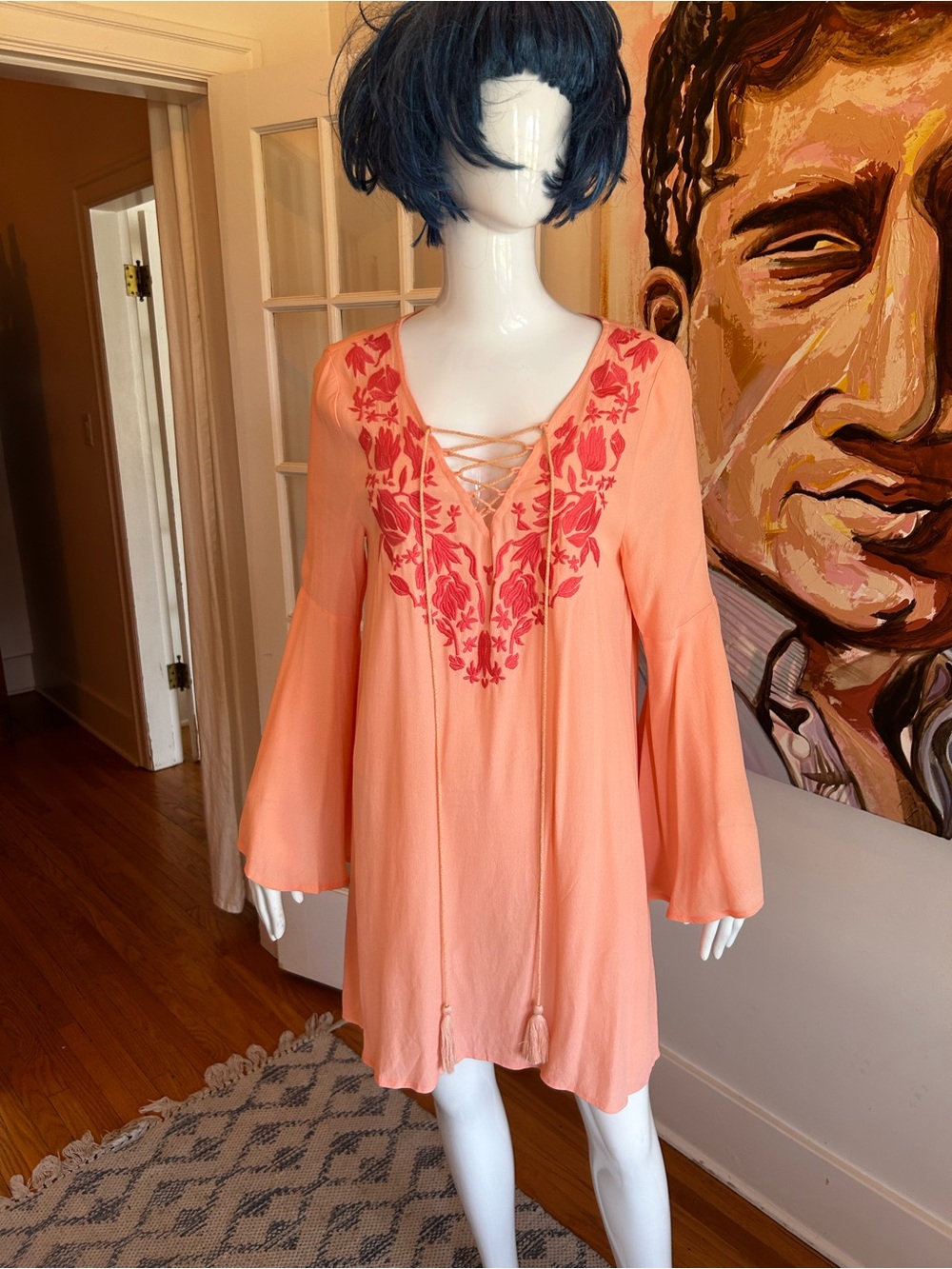 Peach Embroidered Lace-Up Tunic Dress